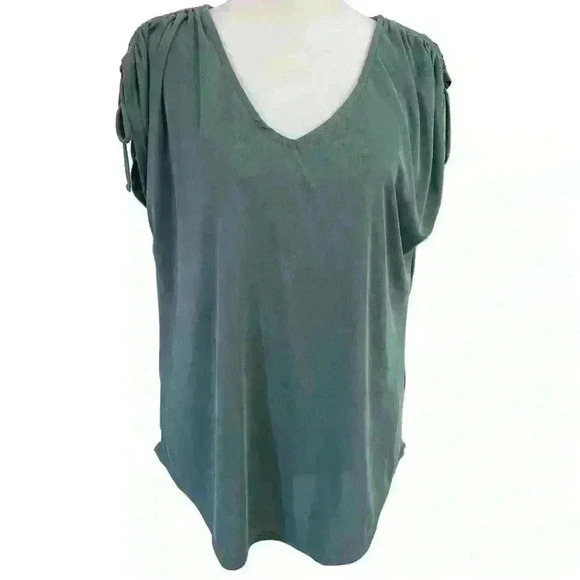Green Envelope Women’s Ruched Cap sleeves w ties Size M Olive Green Boho Casual - Picture 1 of 9
